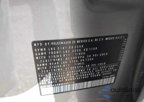 2021 Volkswagen Tiguan 2.0T S from USA, damaged, VIN 3VV1B7AX6MM099110